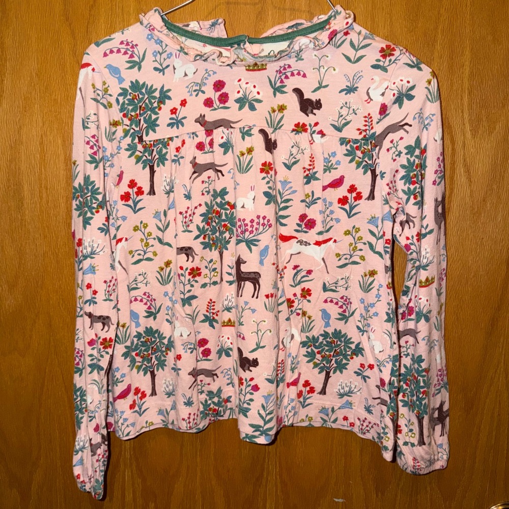 Boden Long Sleeve Top Kids Size 11-12Y Pink Woodland Animal Floral Ruffle Neck